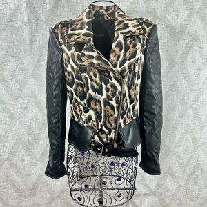 NWT Just Cavalli leopard print faux leather moto jacket size 38
